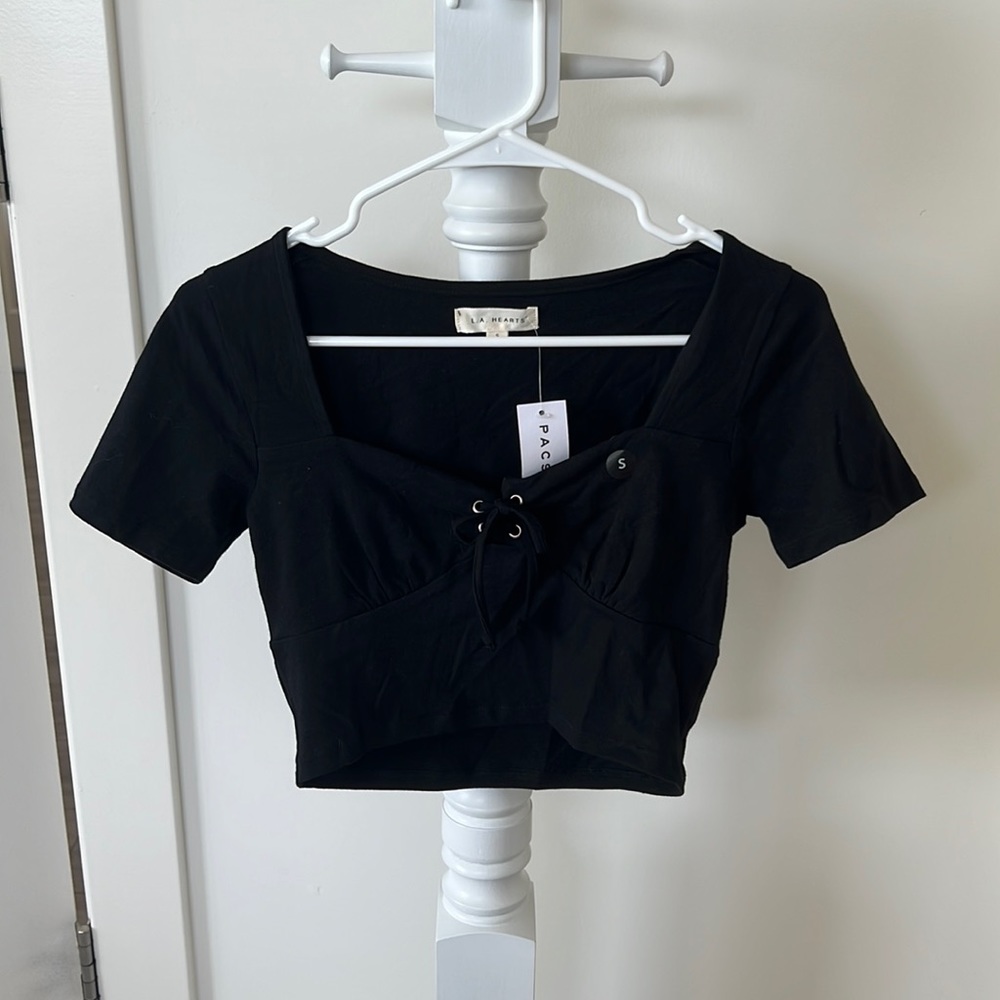 PACSUN/LA HEARTS Size S Black Cropped Tie Short Sleeve Shirt!! TAGS on